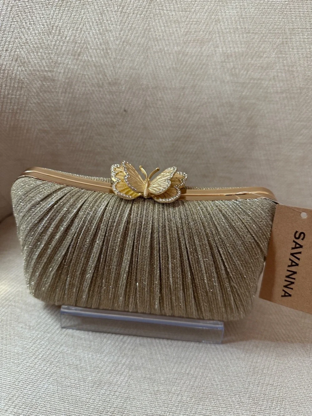 Savannah Gold Pleated Clutch with Butterfly Accent and chain